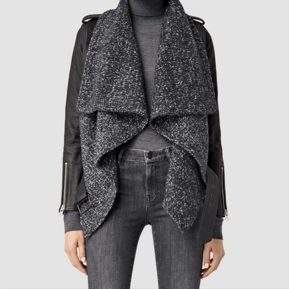 AllSaints Texture Wrap Leather and Wool Biker Jacket Size 8 - Picture 4 of 10